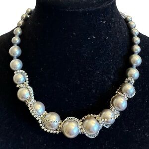 Vera Wang Chunky Gray Faux Pearls Necklace With Silver Chain and Crystal Accents
